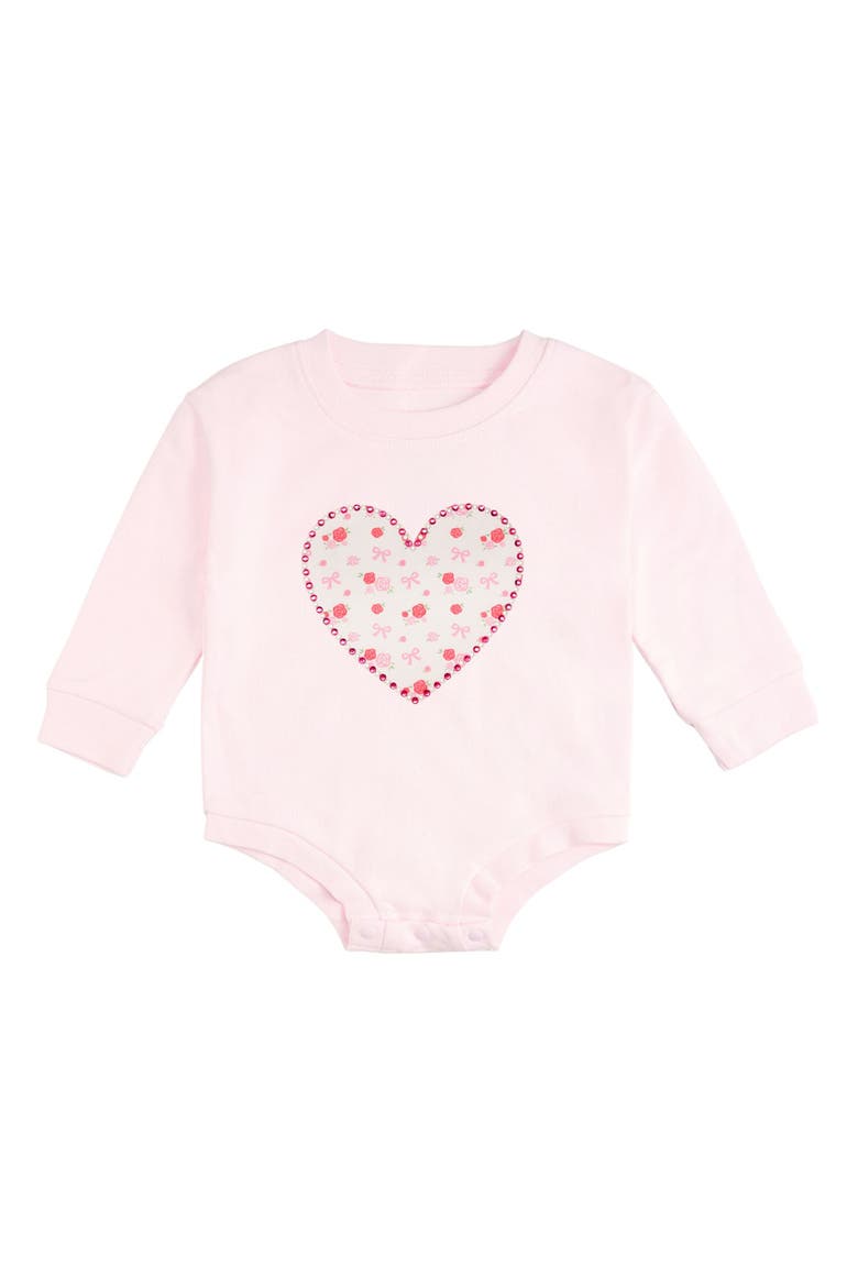 Dainty Rose Pearl Heart Patch Long Sleeve Romper, Main, color, Ballet Pink
