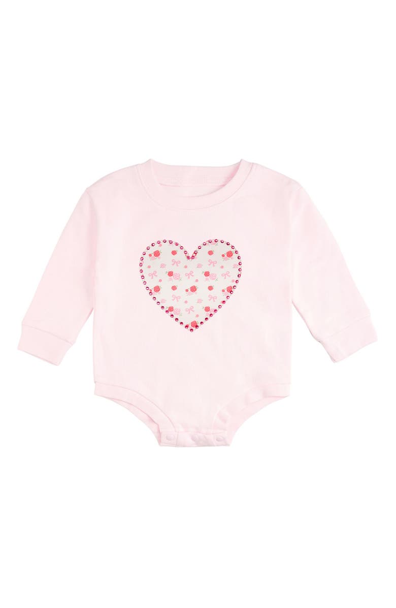 Sweet Wink Dainty Rose Pearl Heart Patch Long Sleeve Romper, Main, color, Ballet Pink