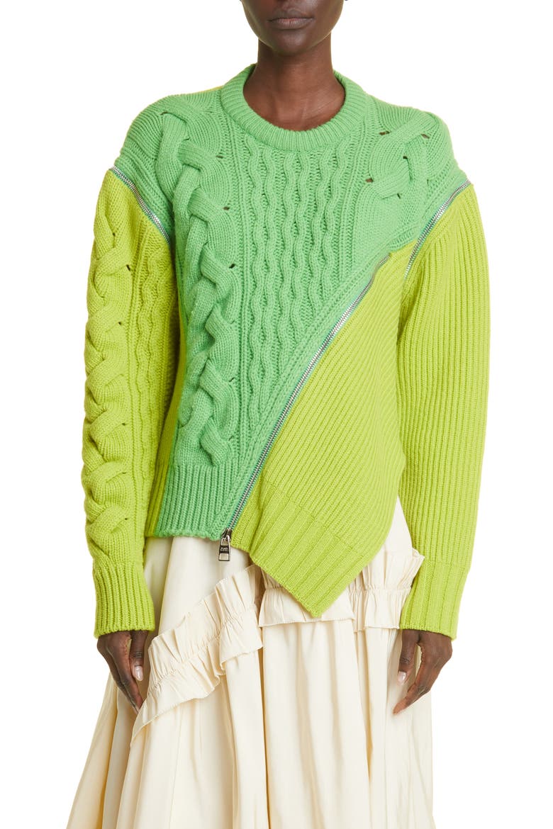 Asymmetric Zip Front Mixed Stitch Wool Sweater, Main, color, ACID GREEN/ SAGE GREEN