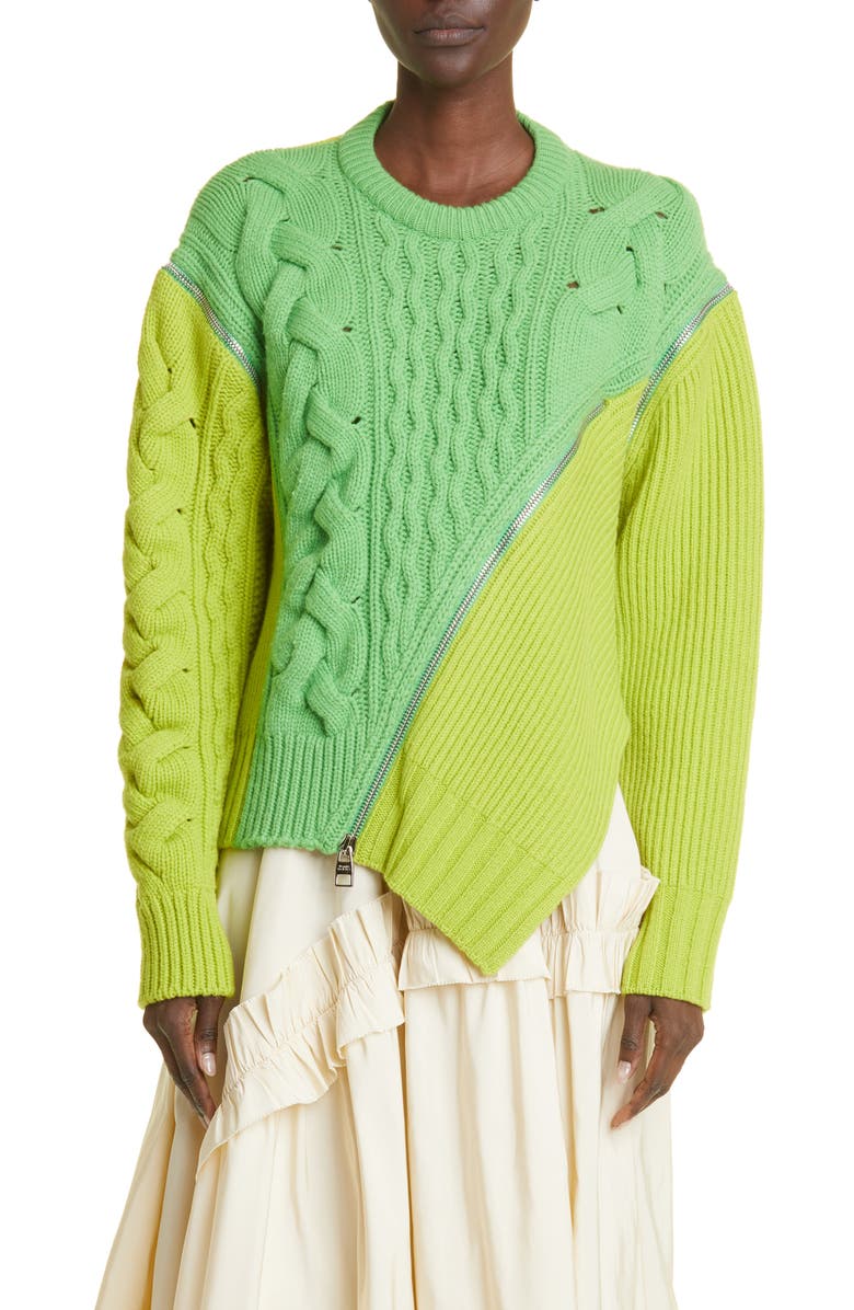 McQueen Asymmetric Zip Front Mixed Stitch Wool Sweater, Main, color, 