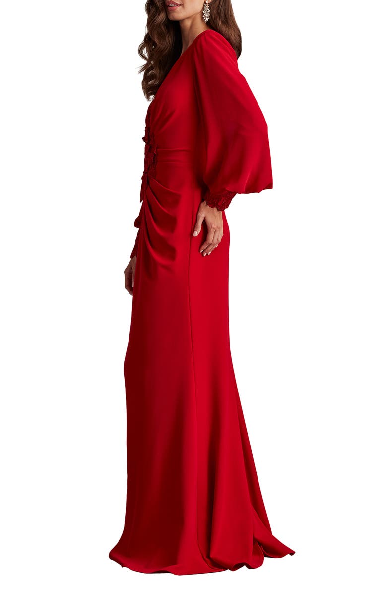 Tadashi Shoji Floral Detail Long Sleeve Crepe Chiffon Gown, Alternate, color, Cranberry