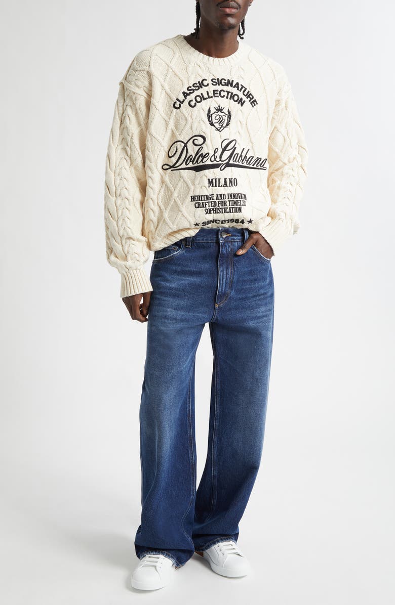 Dolce&Gabbana Embroidered Cable Stitch Sweater, Alternate, color, Beige