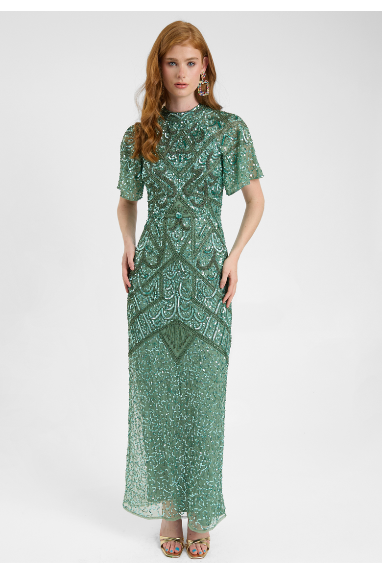 Embellished Sequin Beaded With Short Flutter Sleeves Maxi Dress, Alternate, color, GREEN