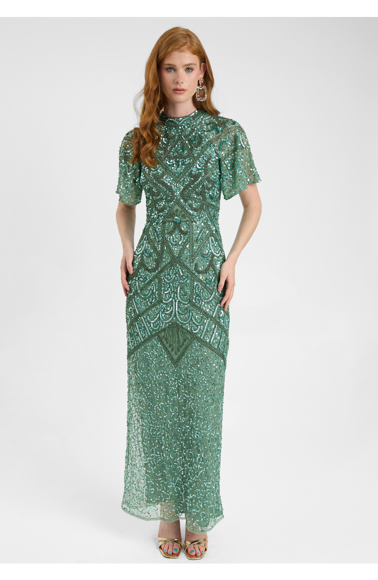 BEAUUT Embellished Sequin Beaded With Short Flutter Sleeves Maxi Dress, Alternate, color, Green