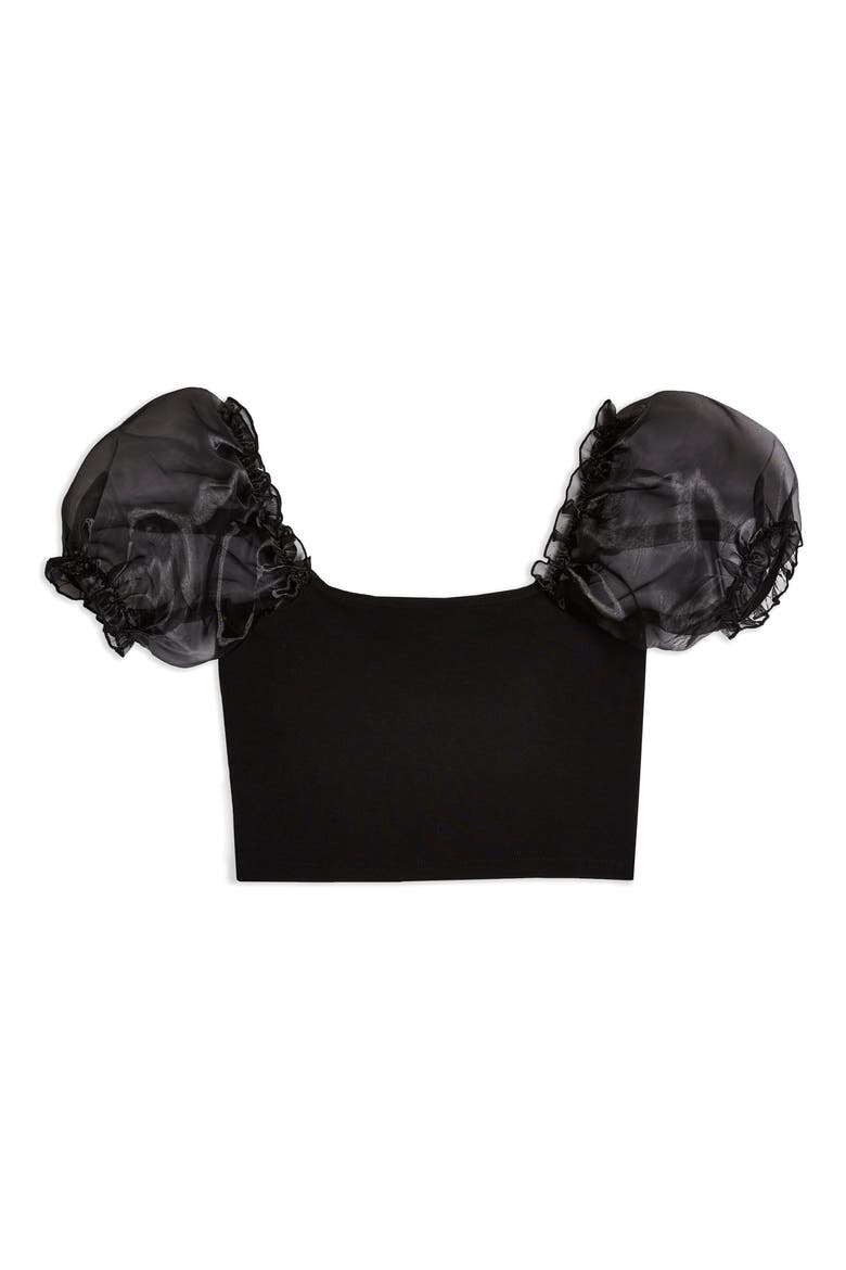 Organza Puff Sleeve Ponte Top, Alternate, color, BLACK