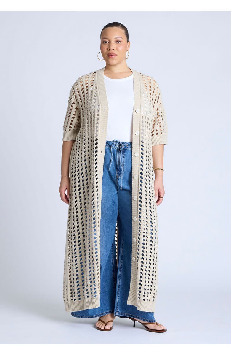 ELOQUII Open Stitch Cardigan Duster, Main, color, Black Onyx