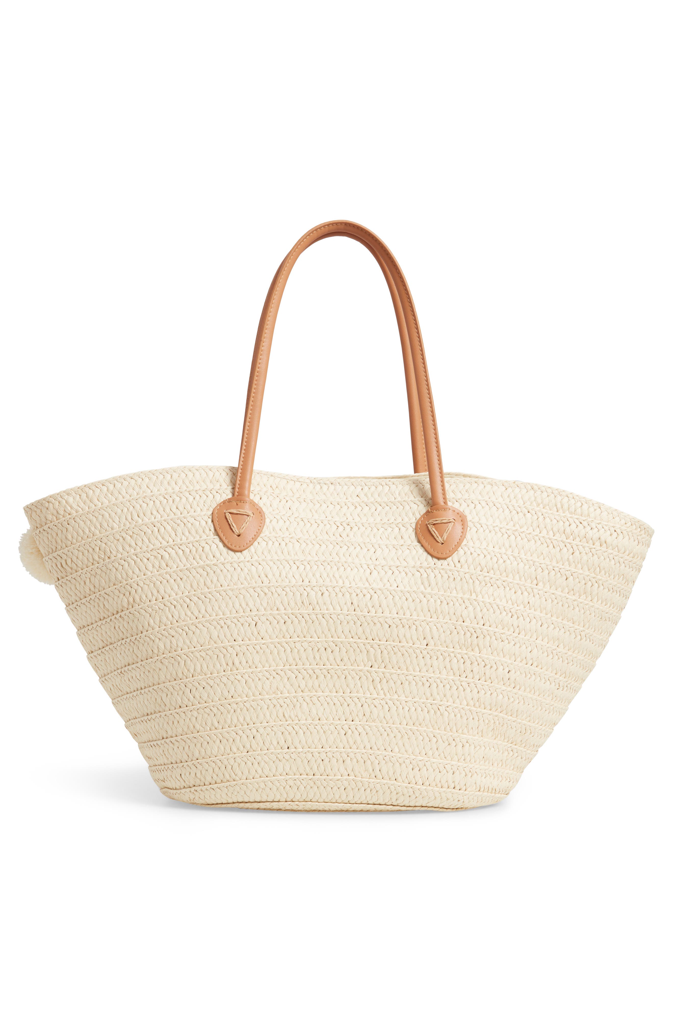 Klo Pompom Straw Tote, Alternate, color, IVORY