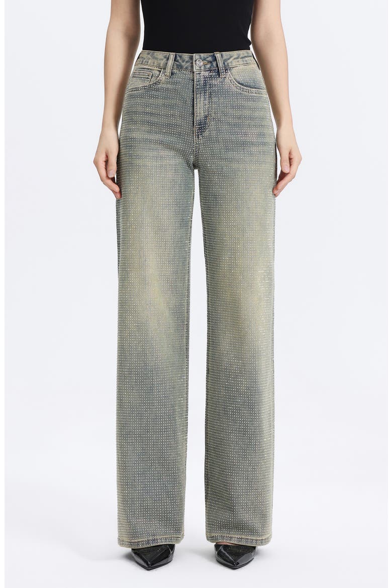 Embellished High Waist Wide Leg Jeans, Main, color, GREEN