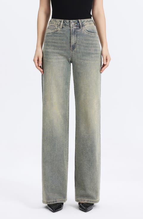 Embellished High Waist Wide Leg Jeans