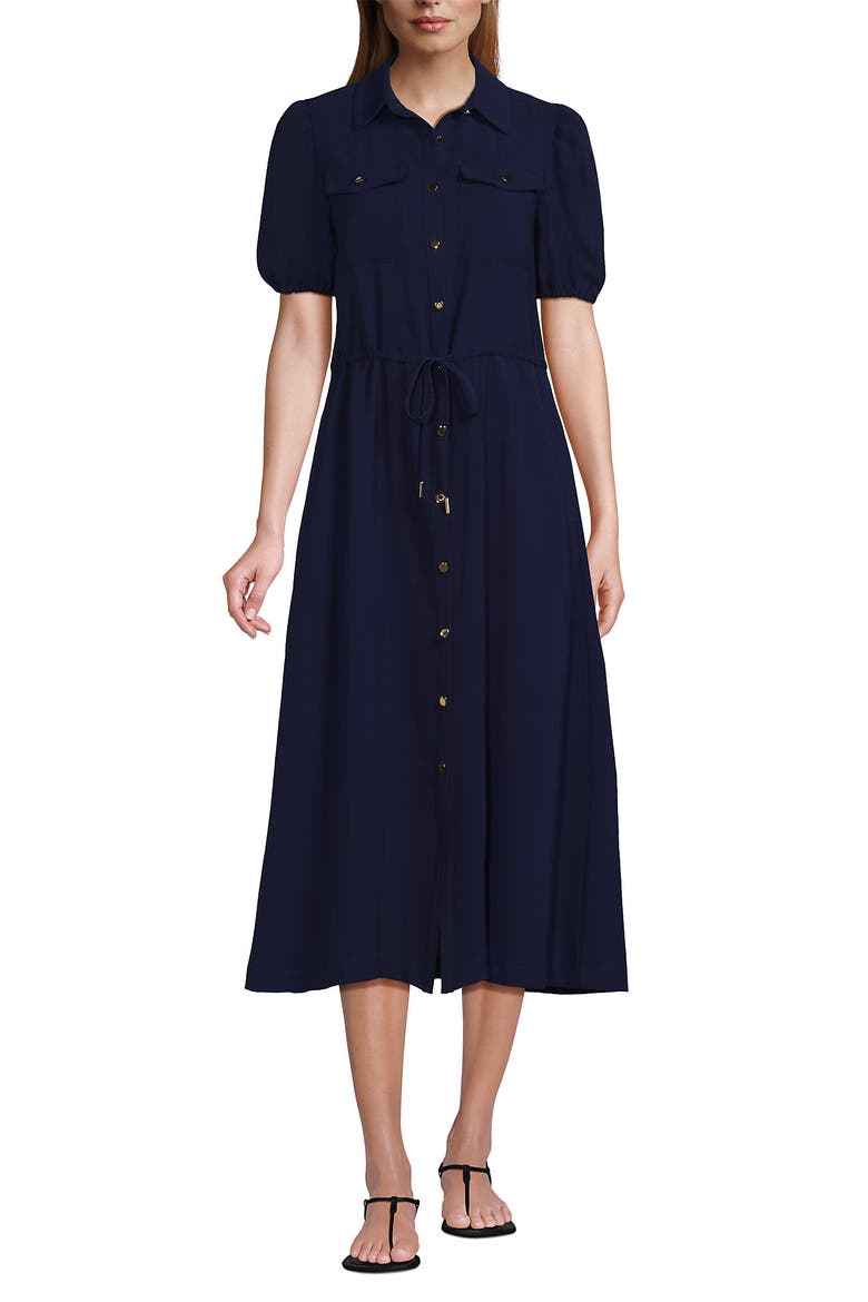Twill Button Front Fluid Short Sleeve Dress, Alternate, color, Deep Sea Navy