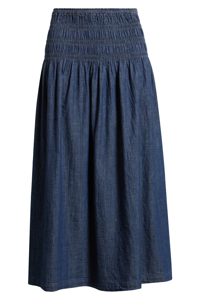 Smocked Waist Denim Midi Skirt, Alternate, color, DARK COVE WASH