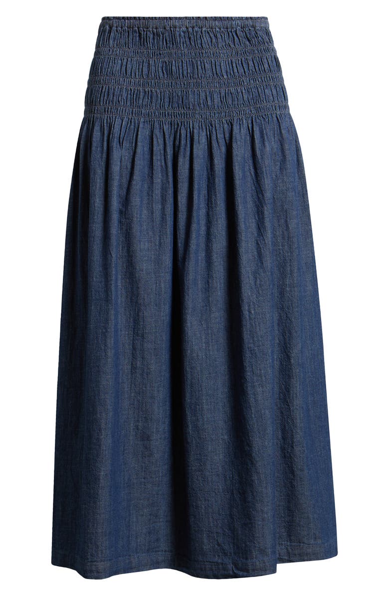 Madewell Smocked Waist Denim Midi Skirt, Main, color, Dark Cove Wash
