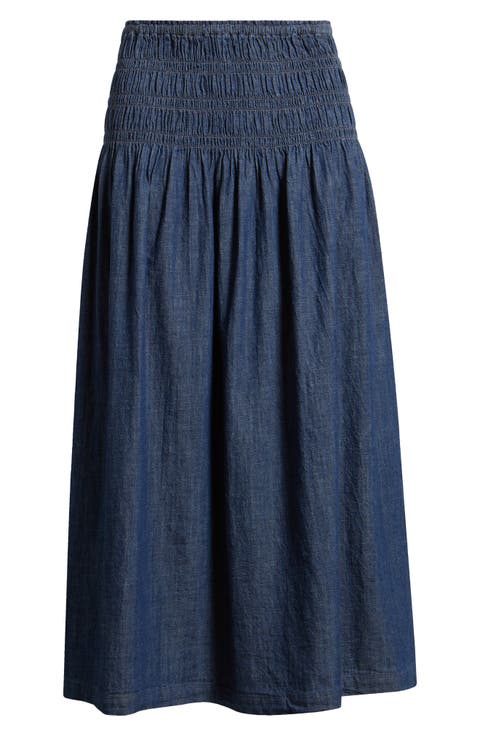Smocked Waist Denim Midi Skirt