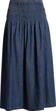 Madewell Smocked Waist Denim Midi Skirt