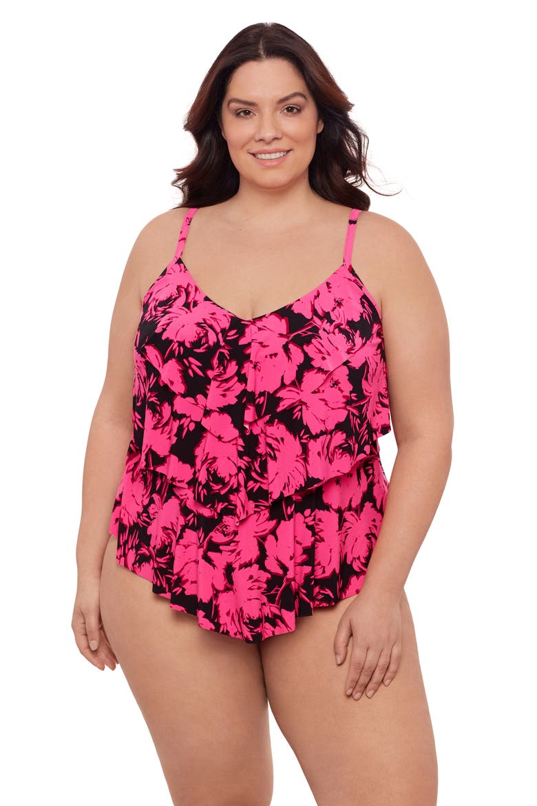 Triple Ruffle Tier Adjustable Tankini Swimsuit Top, Alternate, color, Fleurette