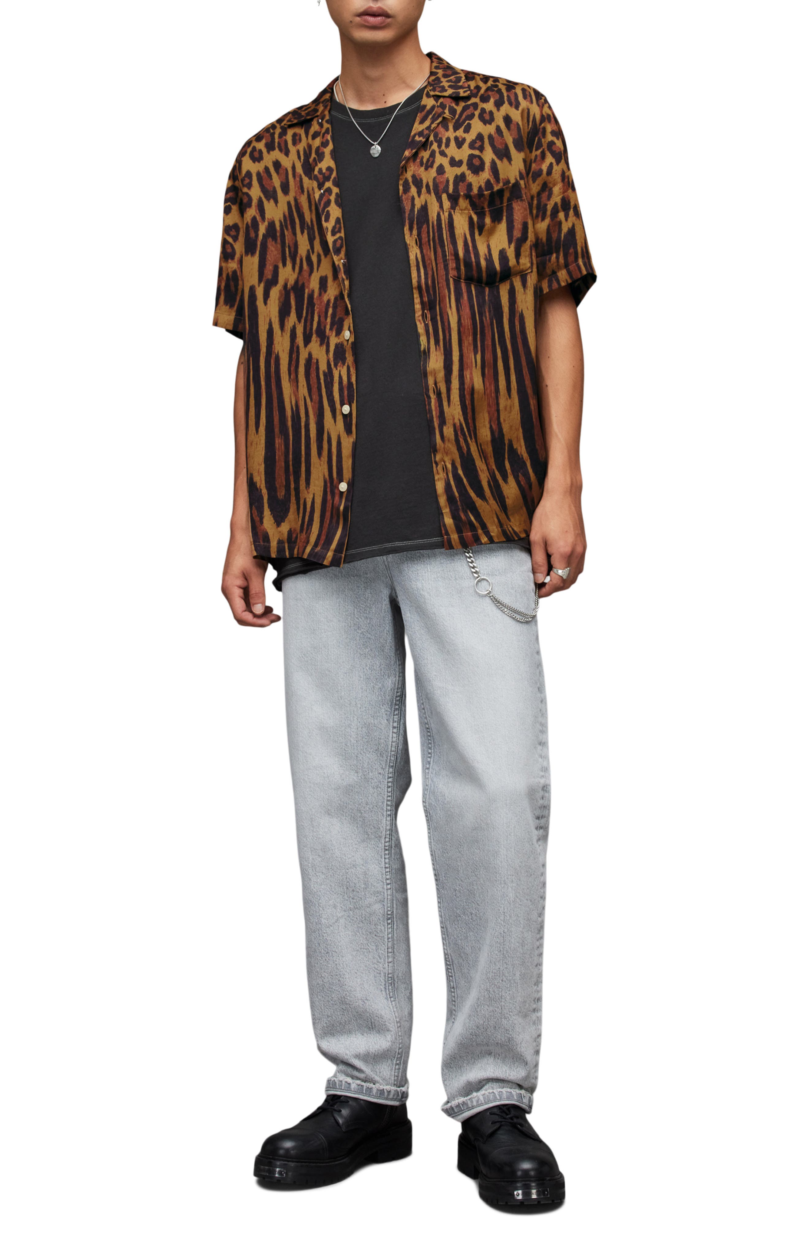 AllSaints Distortion Leopard Print Short Sleeve Button-Up Shirt (Men ...