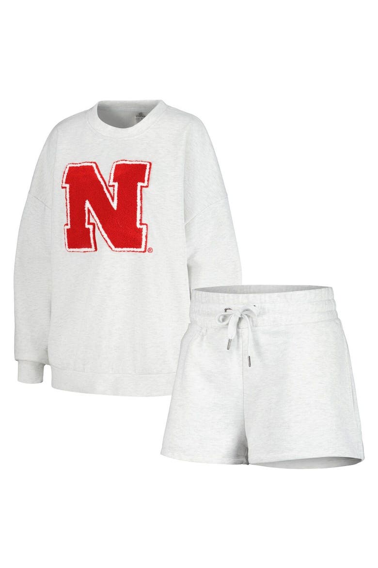 Women's Gameday Couture Ash Nebraska Huskers Team Effort Pullover Sweatshirt & Shorts Sleep Set, Main, color, Ash