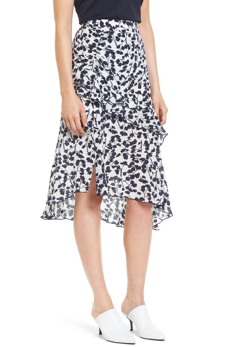 Ruffled Print Silk Skirt, Main, color, WHITE GINGKO LEAF