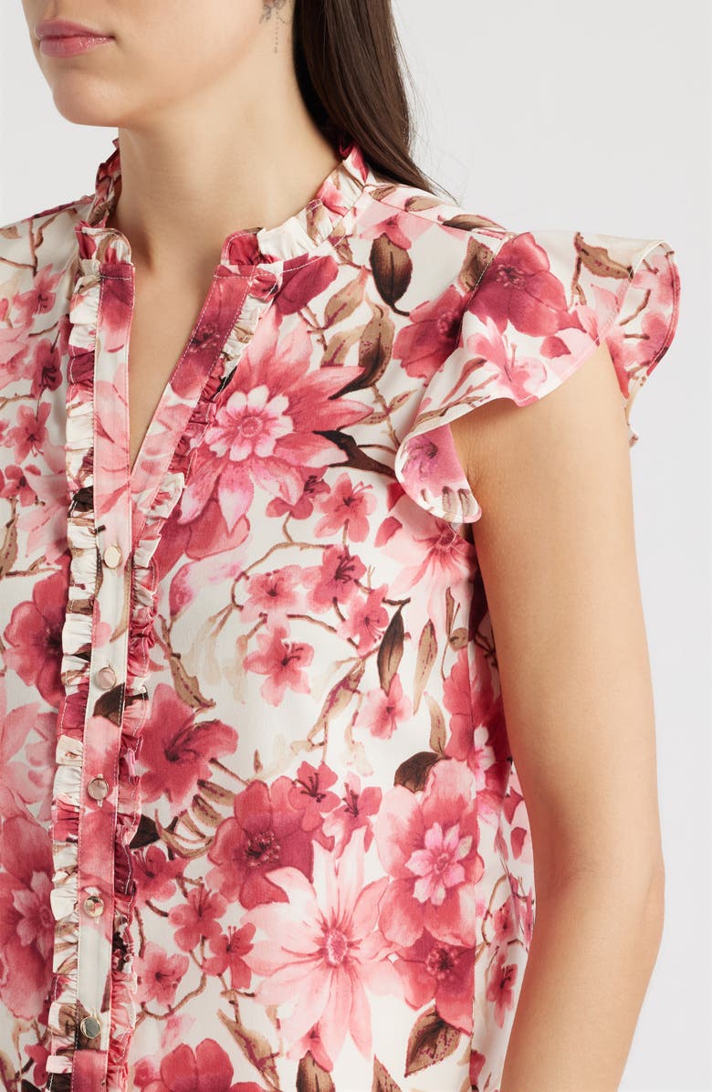 AK ANNE KLEIN Ruffle Accent Short Sleeve Button-Up Shirt, Alternate, color, Pink Berry Multi