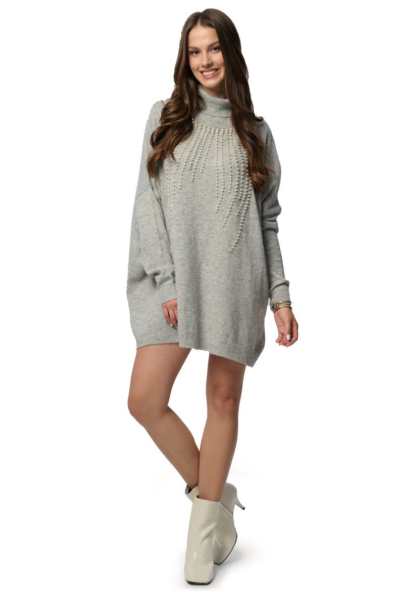 Faux Pearl Turtleneck Tunic Sweater, Alternate, color, GREY