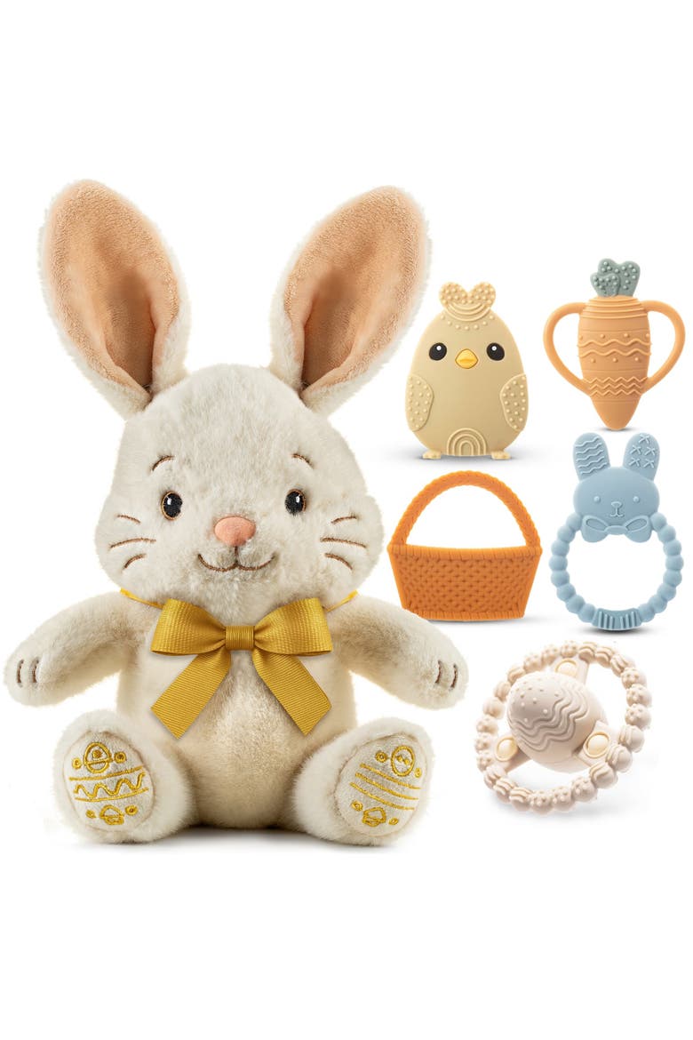 Plush Bunny with Bow and Silicone Teether Set, Main, color, Blue