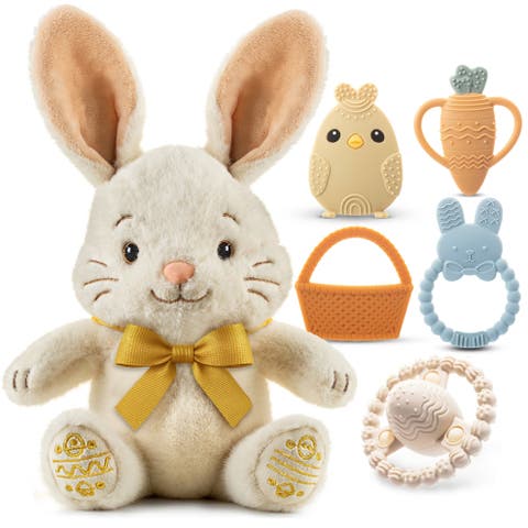 Plush Bunny with Bow and Silicone Teether Set