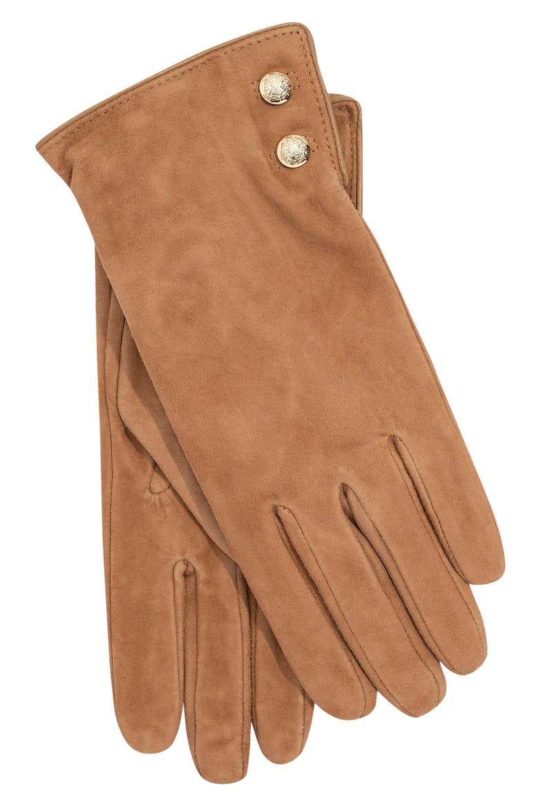 Crest Button Suede Gloves, Alternate, color, CAMEL