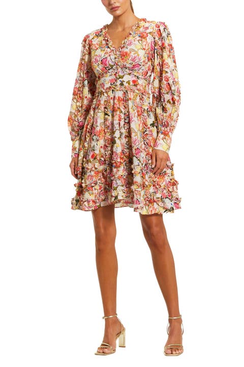 Ruffle Floral V Neck Cotton Mini Dress