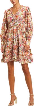 Mac Duggal Ruffle Floral V Neck Cotton Mini Dress