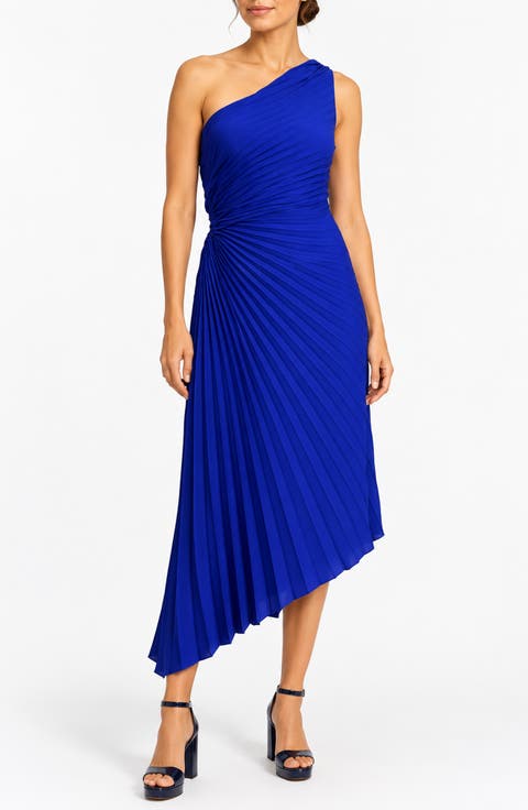 Satin Pleat One Shoulder Midi Dress