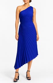 Nicole Miller Satin Pleat One Shoulder Midi Dress