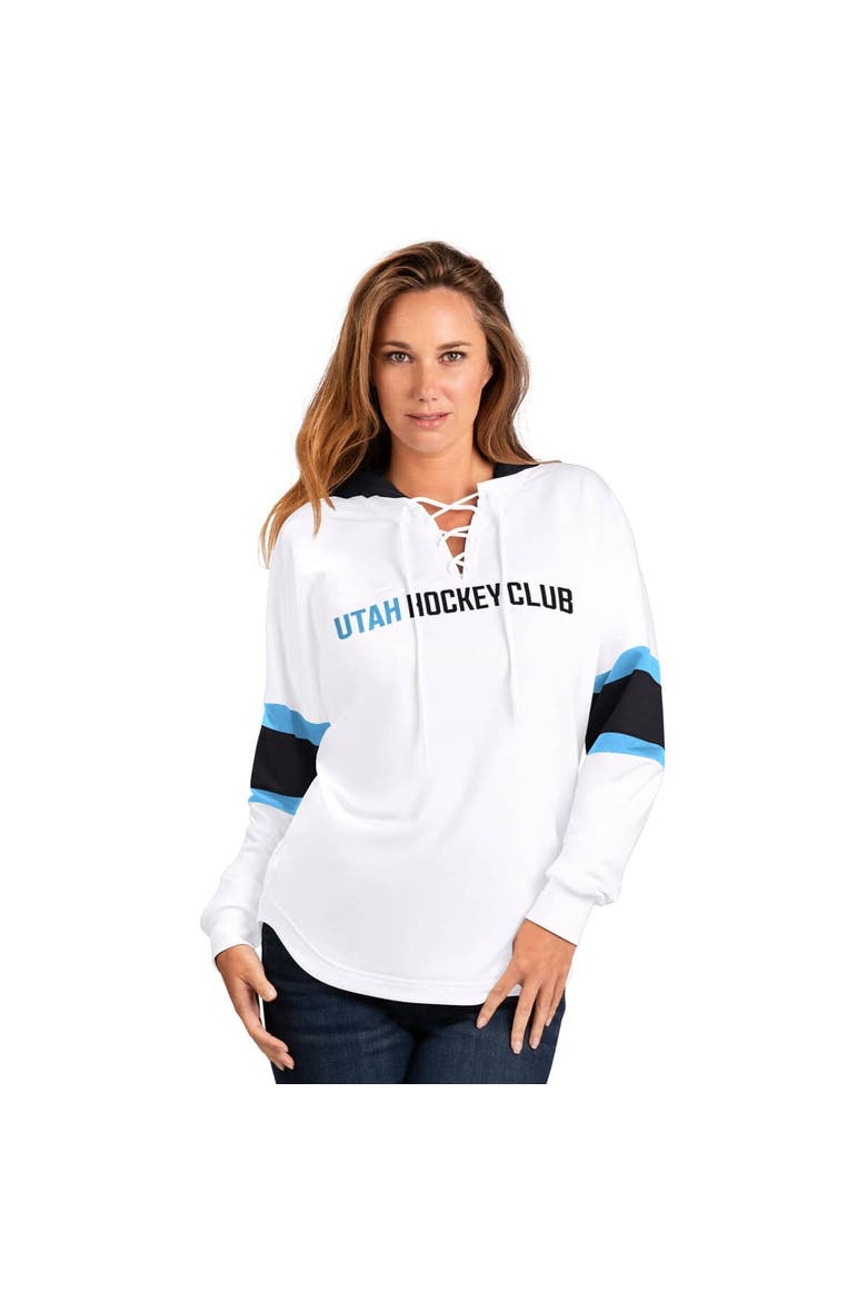 Women's G-III 4Her by Carl Banks  White Utah Mammoth Goal Zone Long Sleeve Lace-Up Hoodie T-Shirt, Main, color, White