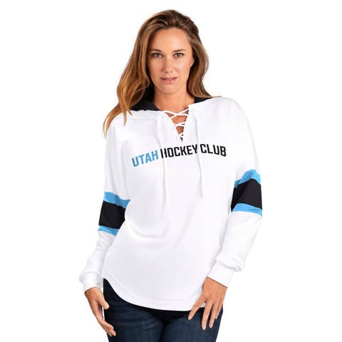Women
s G-III 4Her by Carl Banks  White Utah Mammoth Goal Zone Long Sleeve Lace-Up Hoodie T-Shirt