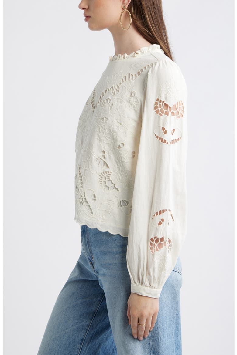 Open Floral Cutwork Linen Blend Top, Alternate, color, IVORY EGRET