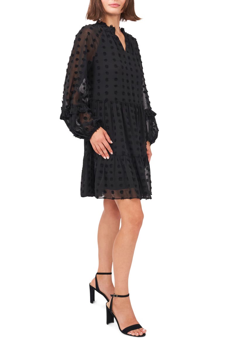 Halogen<sup>®</sup> Long Sleeve Clip Dot Chiffon Babydoll Dress, Alternate, color, Rich Black