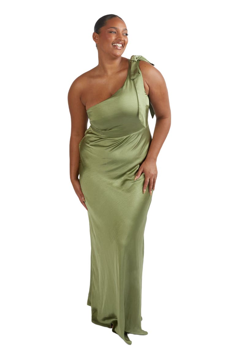 Bow One Shoulder Satin Bridesmaid Dress, Alternate, color, Moss Green