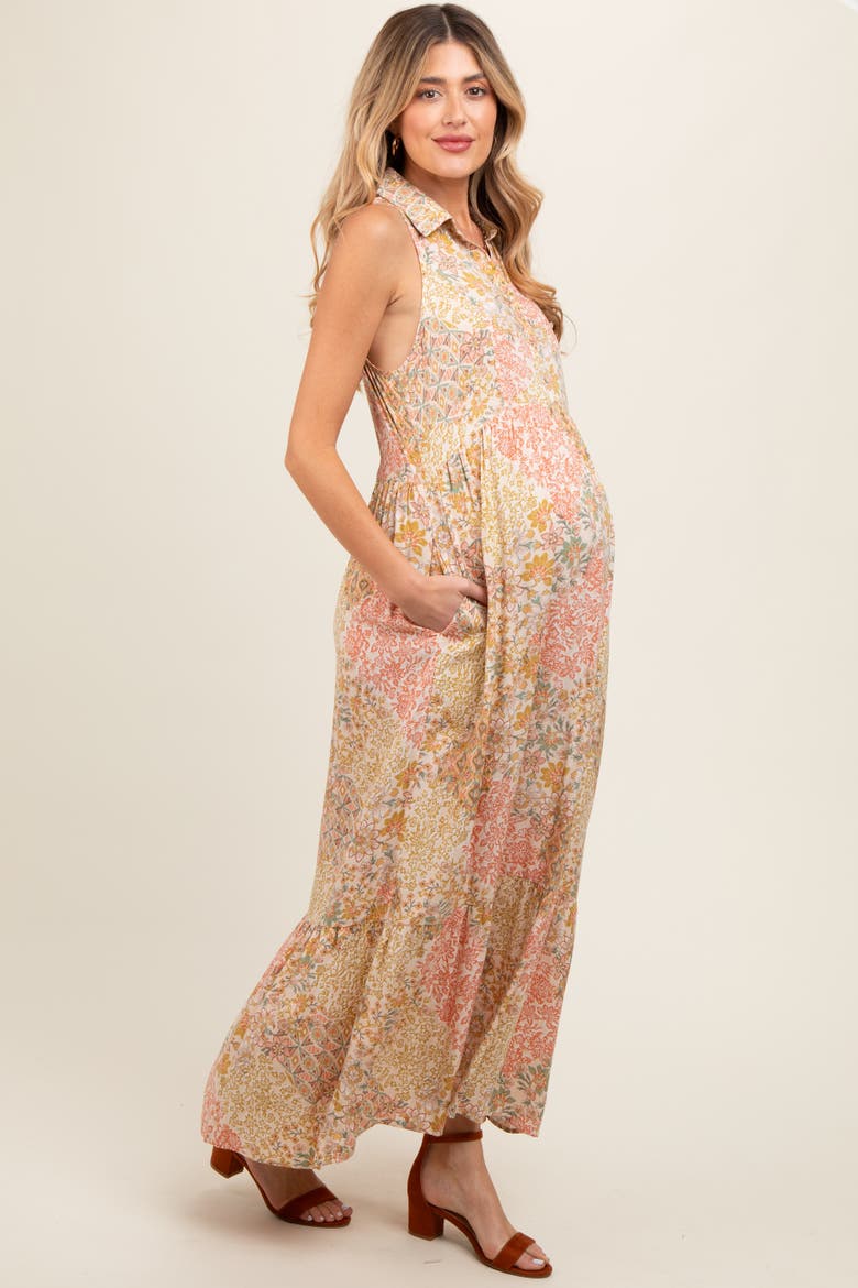 Floral Sleeveless Button Tiered Collared Maxi Dress, Alternate, color, Peach