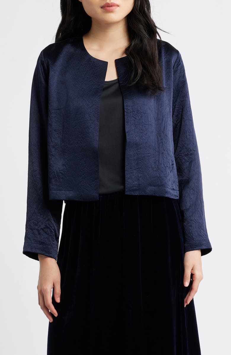 Eileen Fisher Crinkled Satin Crop Jacket, Main, color, Ink