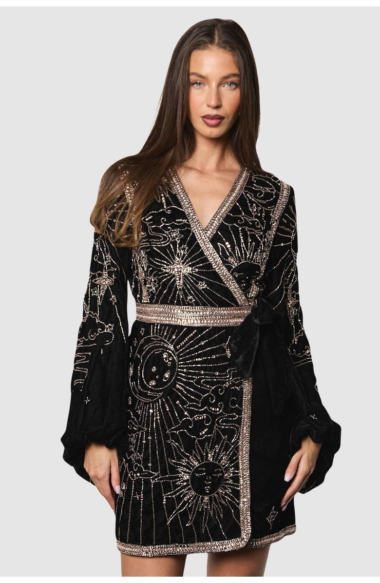 Coast Party Sequin Velvet Wrap Mini Dress, Main, color, Black