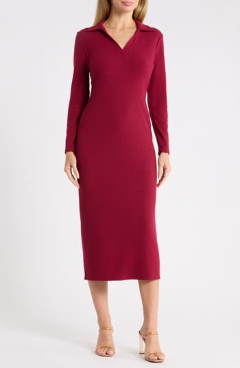 West K Rib Knit Polo Shirtdress In Burgundy