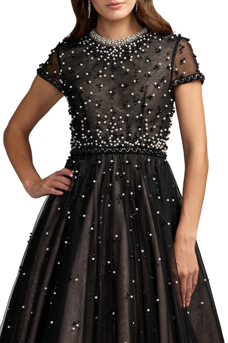 Petite Embellished Pearl Tulle Midi Dress, Alternate, color, Black Ivory