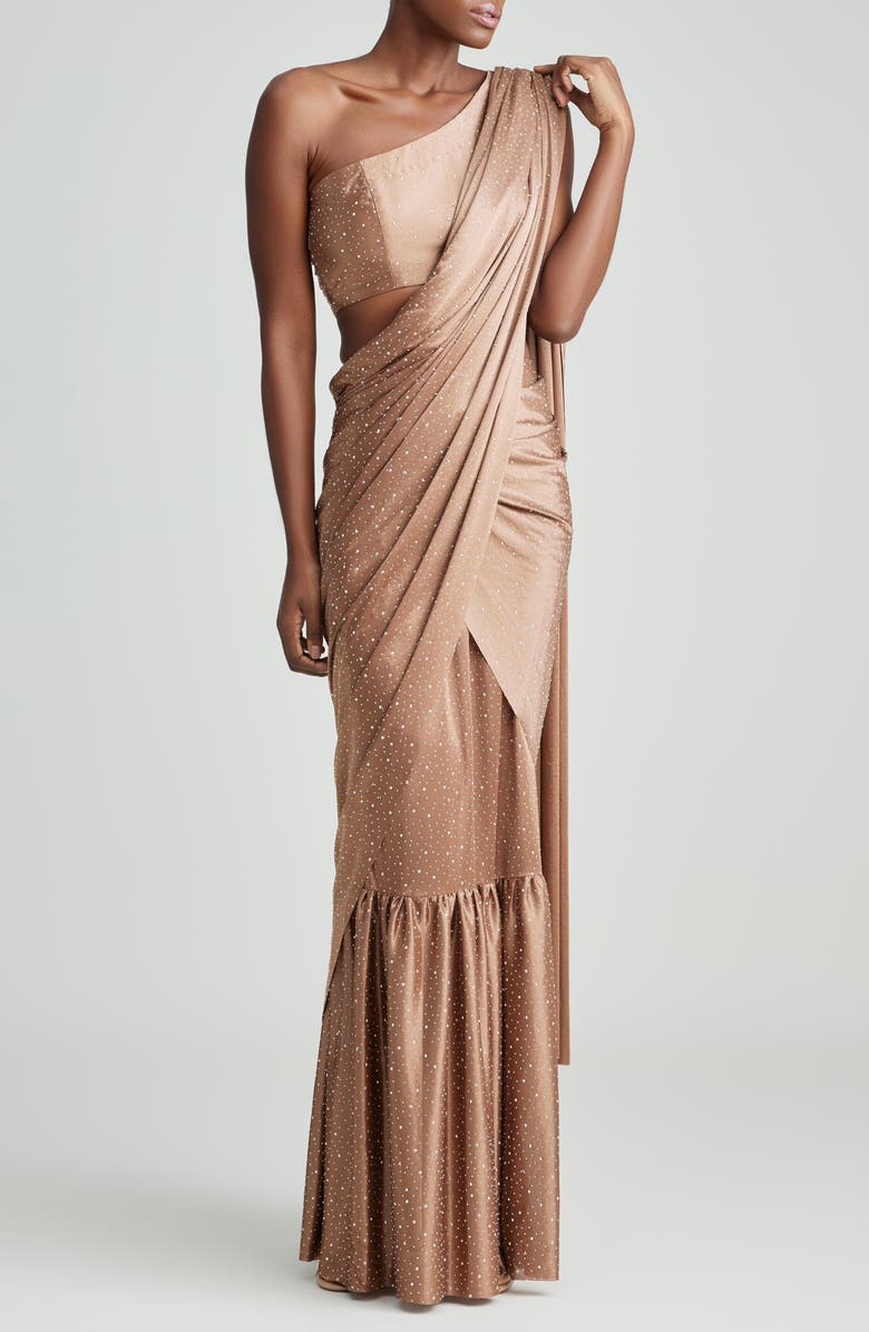 holiCHIC Remi Embellished Saree, Alternate, color, Light Brown