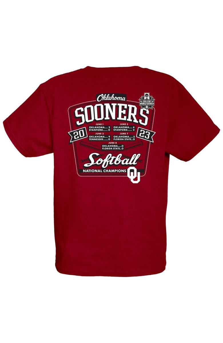 BLUE 84 Youth Blue 84  Crimson Oklahoma Sooners 2023 NCAA Softball Women's College World Series Champions Schedule T-Shirt, Alternate, color, 