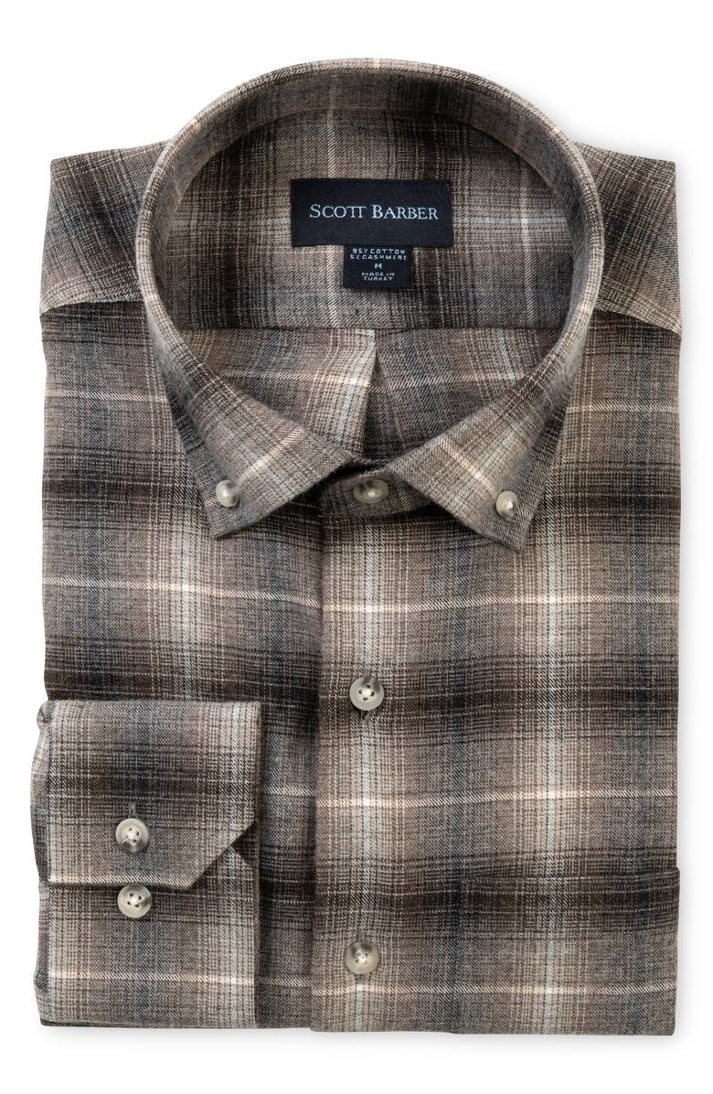 Scott Barber Regular Fit Ombré Plaid Cotton Twill Button-Down Shirt, Main, color, Charcoal Beige