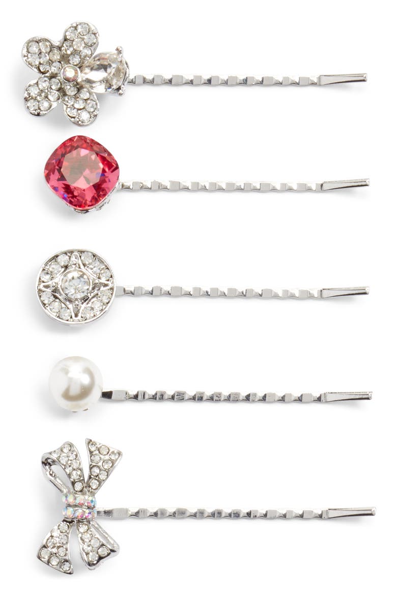 Embellished 5-Pack Bobby Pins, Main, color, SILVER MULTI
