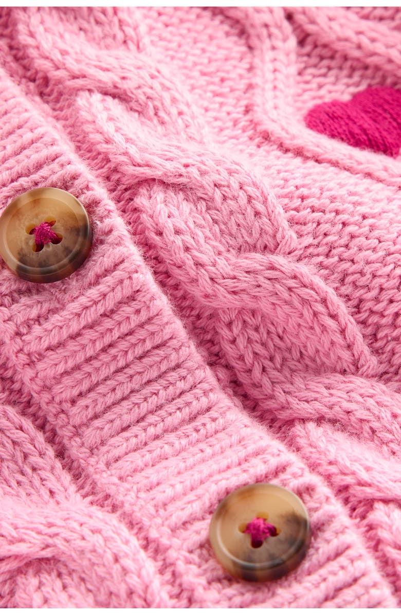 Mini Boden Kids' Heart Embroidered Cable Cotton Cardigan, Alternate, color, Formica Pink