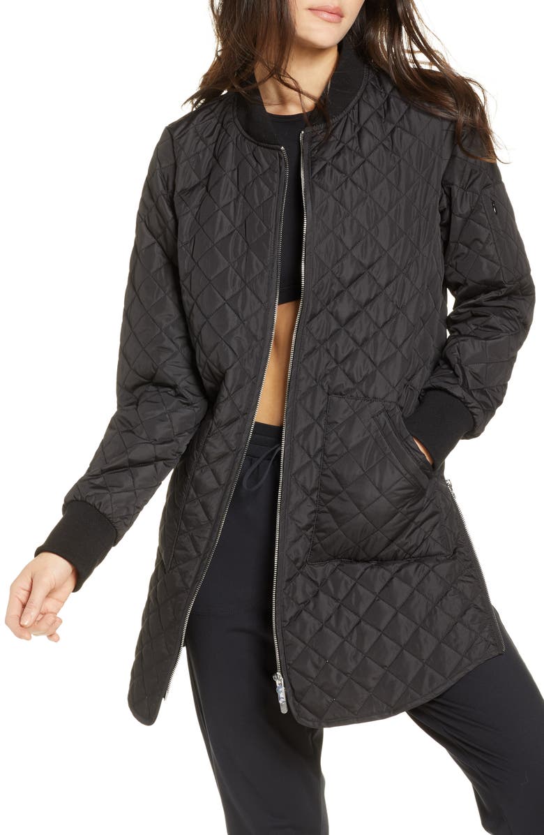 Zella Longline Water Resistant Quilted Bomber Jacket, Main, color,