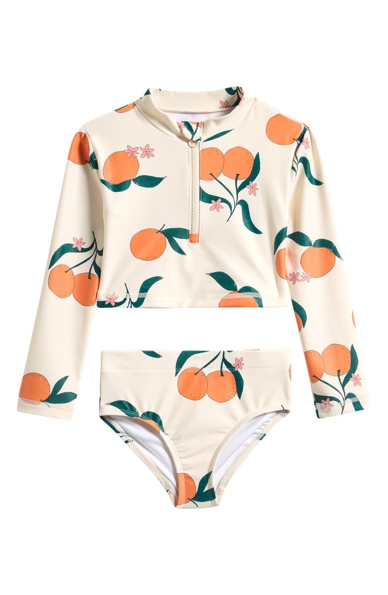 OTTER AVENUE Kids' Orange Print Two-Piece Crop Rashguard Swimsuit, Main, color, Wishbone Print
