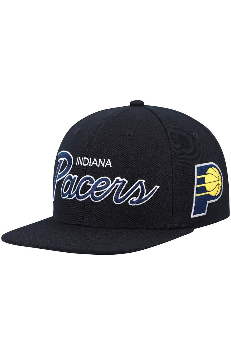 Mitchell & Ness Men's Mitchell & Ness Black Indiana Pacers Hardwood Classics Script 2.0 Snapback Hat, Main, color,