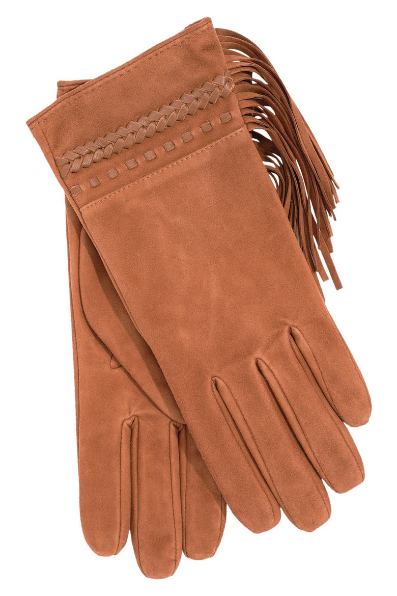 Laced Fringe Suede Gloves, Alternate, color, TOBACCO